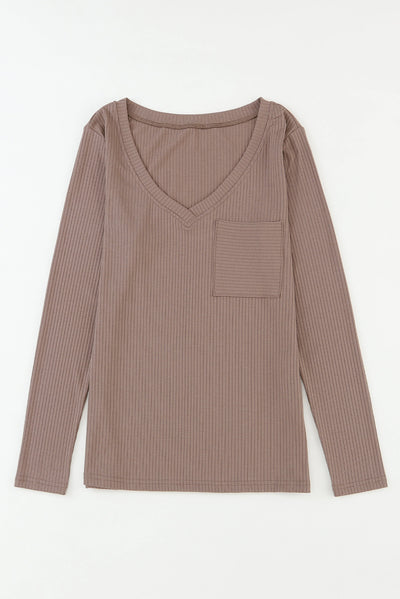 Khaki Ribbed Knit Patched Chest Pocket V Neck Top-Tops-MomFashion