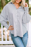 Smocked Cuffed Striped Boyfriend Shirt with Pocket-Tops-MomFashion