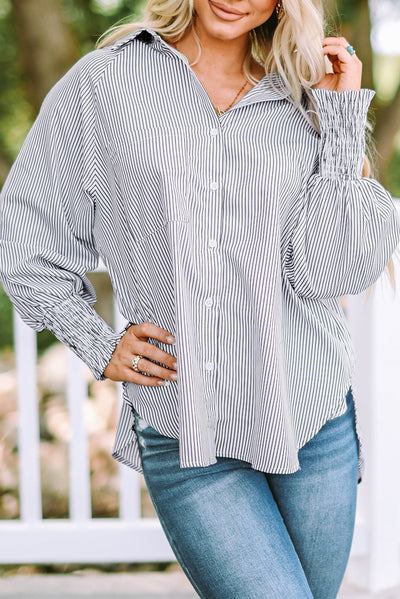 Smocked Cuffed Striped Boyfriend Shirt with Pocket-Tops-MomFashion