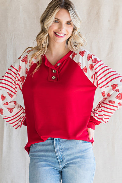 Fiery Red Heart Striped Raglan Sleeve Henley Top-Tops-MomFashion