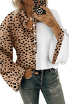 Khaki Leopard Contrast Half Button Casual Blouse-Tops-MomFashion