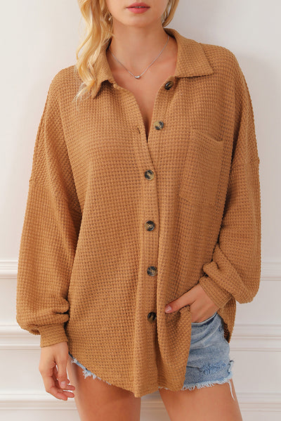 Brown Waffle Knit Button Up Casual Shirt-Tops-MomFashion