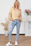 Apricot Sequin Patchwork Sleeve Open Back Waffle Knit Top-Tops-MomFashion