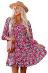 Purple Smocked V Neck Puffy Sleeve Floral Dress-Dresses-MomFashion