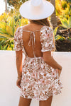 White Floral Print Bow Knot Backless Square Neck Mini Dress-Dresses-MomFashion