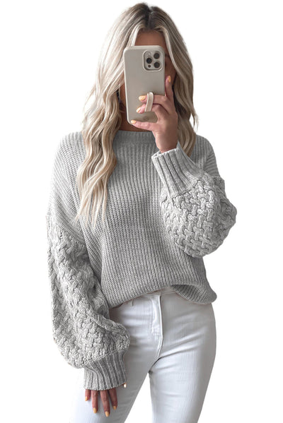 Light Grey Cable Knit Sleeve Drop Shoulder Sweater-Tops-MomFashion