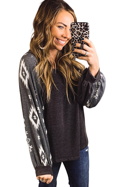 Black Western Print Patch Long Sleeve Top-Tops-MomFashion