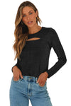 Black Sparkle Metallic Cut Out Long Sleeve Top-Tops-MomFashion