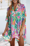 Multicolor Plant Print Button-up Half Sleeve Beach Cover Up-Swimwear-MomFashion