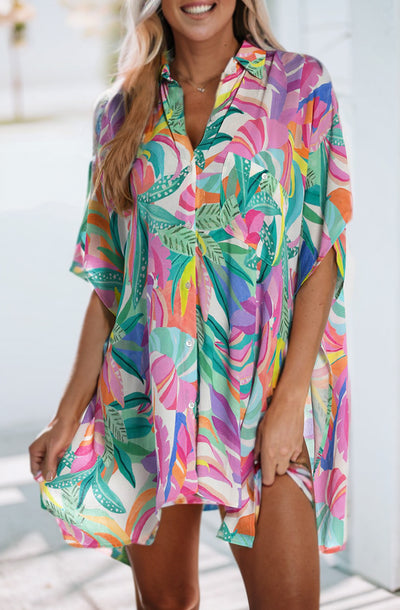 Multicolor Plant Print Button-up Half Sleeve Beach Cover Up-Swimwear-MomFashion