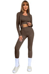 Brown Ribbed Knit 3pcs Sports Set-Activewear-MomFashion