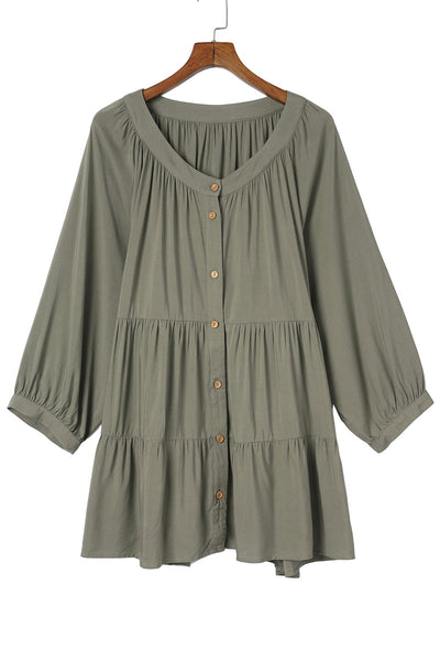 Green Plus Size Ruffle Tiered Split Neck Shirt-Plus Size-MomFashion