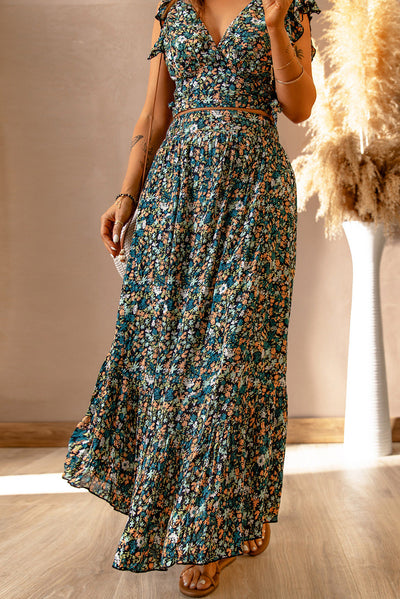 Multicolor Floral Ruffled Crop Top and Maxi Skirt Set-Dresses-MomFashion