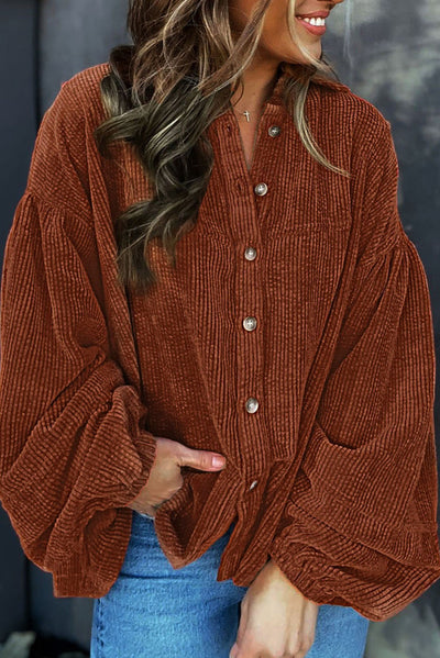 Coffee Textured Corduroy Puff Sleeve Shacket-Outerwear-MomFashion