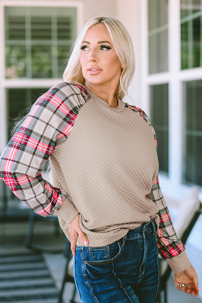 Apricot Plaid Raglan Sleeve Sweatshirt-Tops-MomFashion