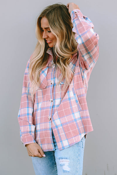 Pink Plaid Flap Pocket Flannel Shacket-Outerwear-MomFashion