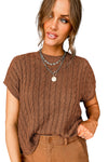 Chestnut Crew Neck Cable Knit Short Sleeve Sweater-Tops-MomFashion