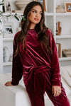 Fiery Red Solid Velvet Two Piece Lounge Set-Loungewear-MomFashion