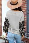 Fiery Red Wild Leopard Contrast Sleeve Colorblock Waffle Knit Top-Tops-MomFashion