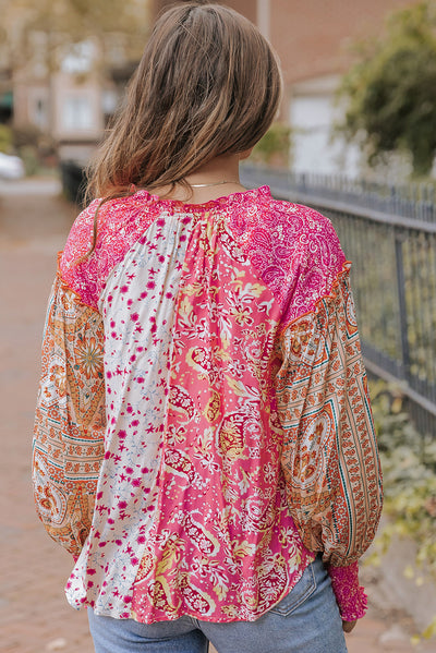 Pink Mixed Floral Printed Puff Sleeve V-Neck Shirt-Tops-MomFashion