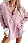 Pink Crinkle Long Sleeve Distressed Split Henley Top-Tops-MomFashion