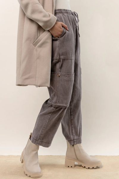 Gray Acid Wash Multi Pocket Drawstring Waist Pants-Bottoms-MomFashion