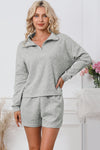 Gray Ribbed Zipper Sweatshirt and High Waist Shorts Set-Loungewear-MomFashion