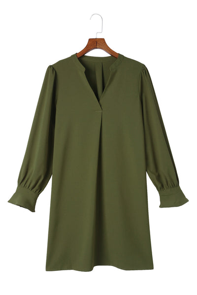 Green Split V Neck Ruffled Sleeves Shirt Dress-Dresses-MomFashion