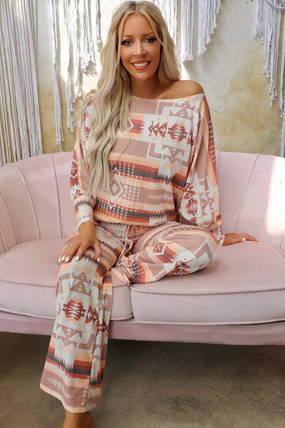 Multicolour Aztec Print Puff Sleeve Pullover and Pants Lounge Outfit-Loungewear-MomFashion