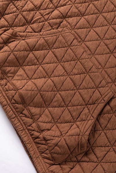 Coffee Solid Color Quilted Kangaroo Pocket Hoodie-Tops-MomFashion