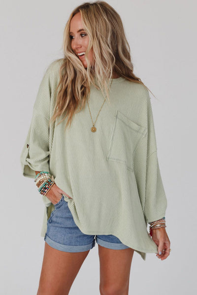 Green Ribbed Roll-tab Sleeve Chest Pocket Oversize Top-Tops-MomFashion