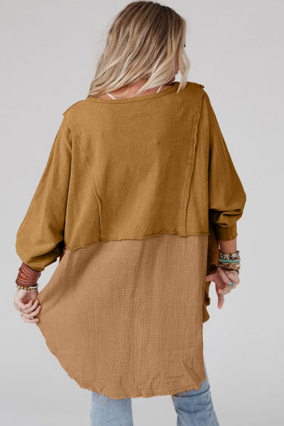 Camel Crinkle Splicing Raw Hem High Low Oversized Blouse-Tops-MomFashion