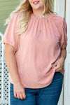 Pink Plus Size Swiss Dot Puff Sleeves Top-Plus Size-MomFashion