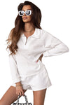 White Ribbed Zipper Sweatshirt and High Waist Shorts Set-Loungewear-MomFashion