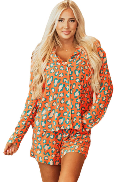 Orange Leopard Print Long Sleeve Shirt and Shorts Pajama Set-Loungewear & Sleepwear/Sleepwear-MomFashion