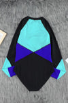 Blue Color Block Zipper Long Sleeve Rash Guard Swimwear-Swimwear-MomFashion