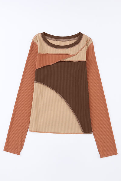 Brown Expose Seam Color Block Ribbed Knit Top-Tops-MomFashion