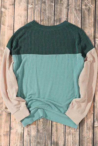 Green Color Block Long Sleeve Ribbed Loose Top-Tops-MomFashion