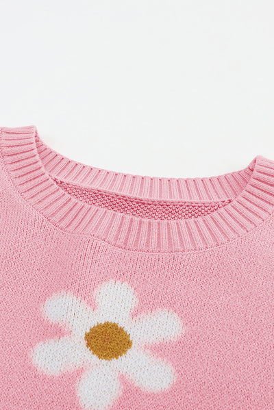 Pink Floral Pattern Drop Shoulder Sweater-Tops-MomFashion