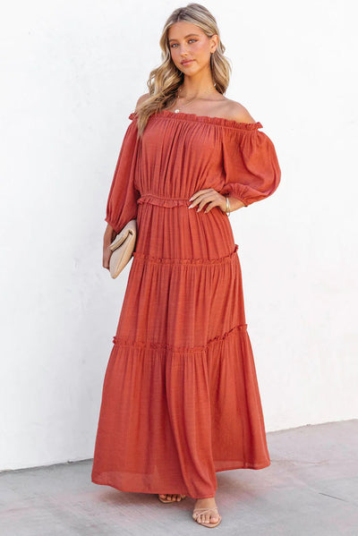 Orange Off Shoulder Balloon Sleeve Cutout Ruffled Maxi Dress-Dresses-MomFashion