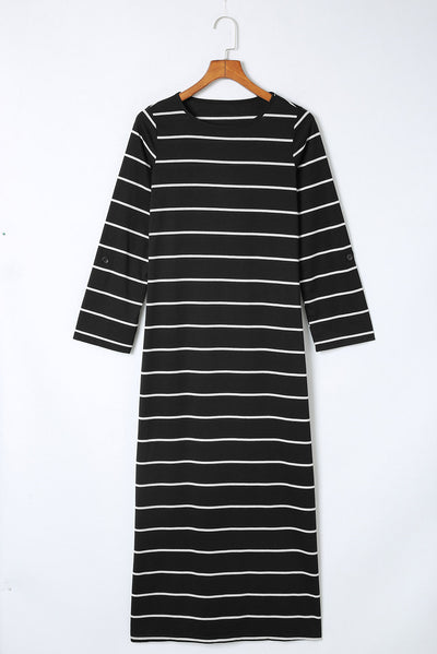 Black Striped Casual Slit Long Dress-Dresses-MomFashion