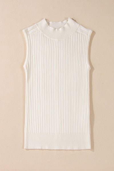 White Ribbed Knit High Neck Sweater Vest-Sweaters & Cardigans/Sweater Vests-MomFashion