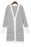 White Striped Side Pockets Open Front Cardigan-Tops-MomFashion