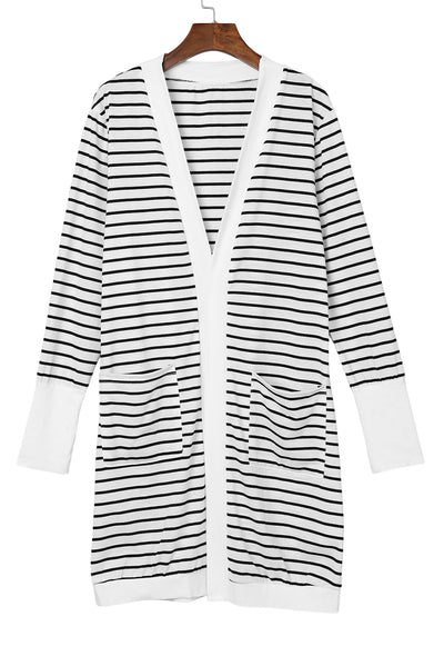 White Striped Side Pockets Open Front Cardigan-Tops-MomFashion