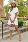 White Puff Sleeve Drawstring Shirt Dress with Pockets-Dresses-MomFashion