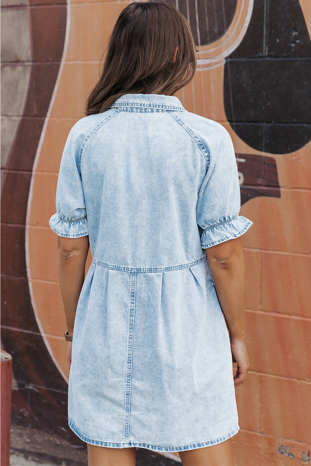 Beau Blue Mineral Wash Ruffled Short Sleeve Buttoned Denim Dress-Dresses-MomFashion