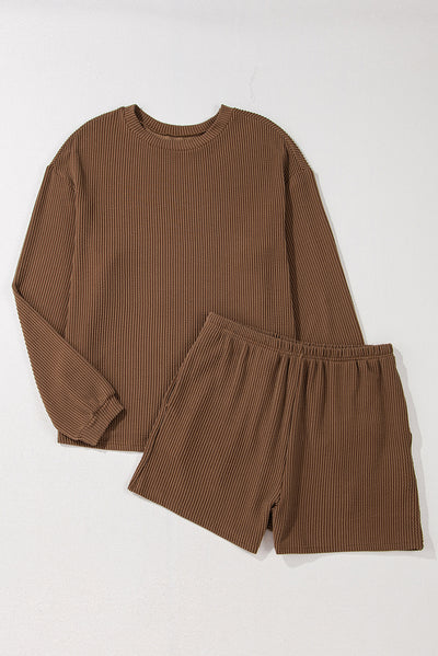 Chestnut Corded Knit Long Sleeve Top and High Waist Shorts Set-Two Piece Sets/Short Sets-MomFashion