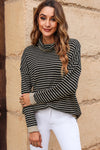 Black Striped Turtleneck Loose Sweater-Tops-MomFashion