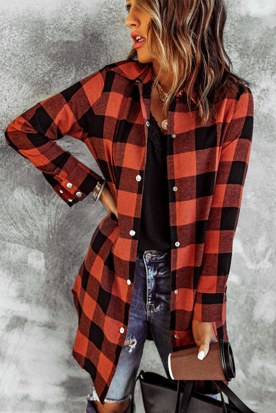 Fiery Red Turn-down Collar Plaid Shirt Coat-Outerwear-MomFashion