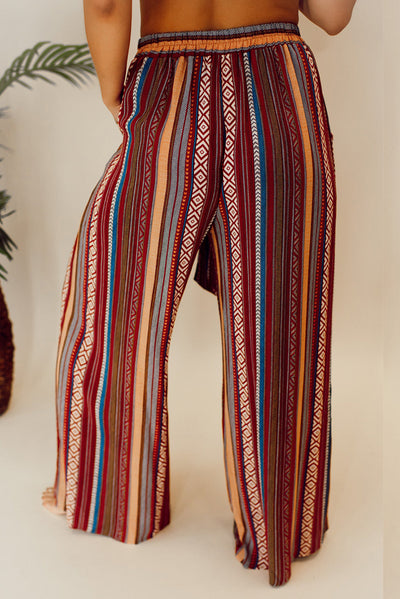 Red Boho Ethnic Striped Print Tie Waist Wide Leg Pants-Bottoms-MomFashion